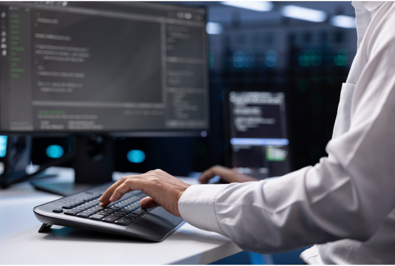 Une personne en chemise blanche tapant sur un clavier sans fil à un bureau avec deux écrans affichant du code, dans un environnement de bureau ou de salle de serveurs. Une personne en chemise blanche tapant sur un clavier sans fil à un bureau avec deux écrans affichant du code, dans un environnement de bureau ou de salle de serveurs.