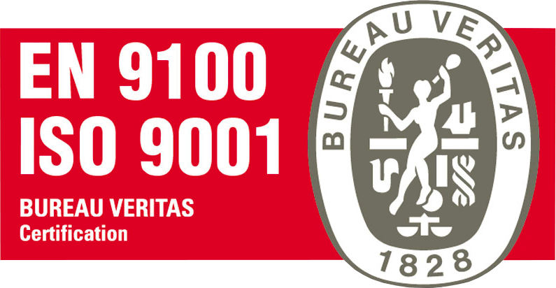 Graphique rouge et blanc avec le texte de certification EN 9100 ISO 9001 BUREAU VERITAS et le logo Bureau Veritas représentant une figure assise et 1828 en bas.