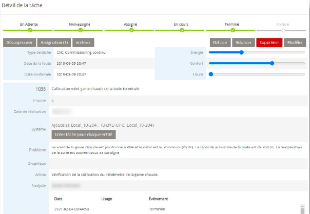 Capture d'écran d'une interface de gestion des tâches en français, affichant les détails des tâches, les boutons d'état, les curseurs pour l'énergie et le confort, et des informations sur l'étalonnage d'un conduit de ventilation dans un système d'automatisation de bâtiment.