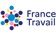 Logo de France Travail comportant divers cercles colorés superposés disposés en groupe à gauche, avec les mots « France Travail » en texte bleu gras à droite.