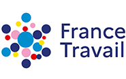 Logo de France Travail comportant divers cercles colorés superposés disposés en groupe à gauche, avec les mots « France Travail » en texte bleu gras à droite.