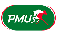 Logo avec lettres blanches PMU sur un ovale vert, représentant une silhouette stylisée de cheval et de jockey blanc et rouge en mouvement sur le côté droit.