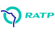Logo de la RATP représentant un profil stylisé du visage d'une personne en bleu dans une forme circulaire bleu sarcelle, à côté des lettres bleu sarcelle RATP sur un fond transparent.