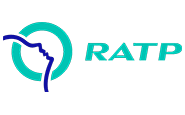 Logo de la RATP représentant un profil stylisé du visage d'une personne en bleu dans une forme circulaire bleu sarcelle, à côté des lettres bleu sarcelle RATP sur un fond transparent.