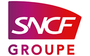 Le logo du Groupe SNCF présente des lettres SNCF blanches sur un fond triangulaire dégradé rouge au-dessus du mot GROUPE en lettres majuscules rouges.