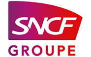 Le logo du Groupe SNCF présente des lettres SNCF blanches sur un fond triangulaire dégradé rouge au-dessus du mot GROUPE en lettres majuscules rouges.
