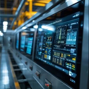 Une rangée de grands panneaux de commande à écran tactile affiche des données et des graphiques complexes dans un environnement d'usine industrielle, avec des lumières vives et des surfaces métalliques en arrière-plan.