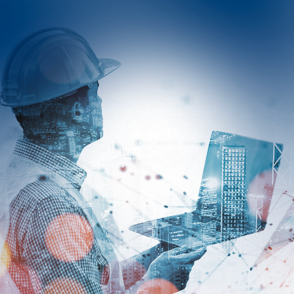 Une personne portant un casque de sécurité et tenant un ordinateur portable, avec un paysage urbain et des graphiques de réseau numérique superposés, symbolisant la technologie et la construction.