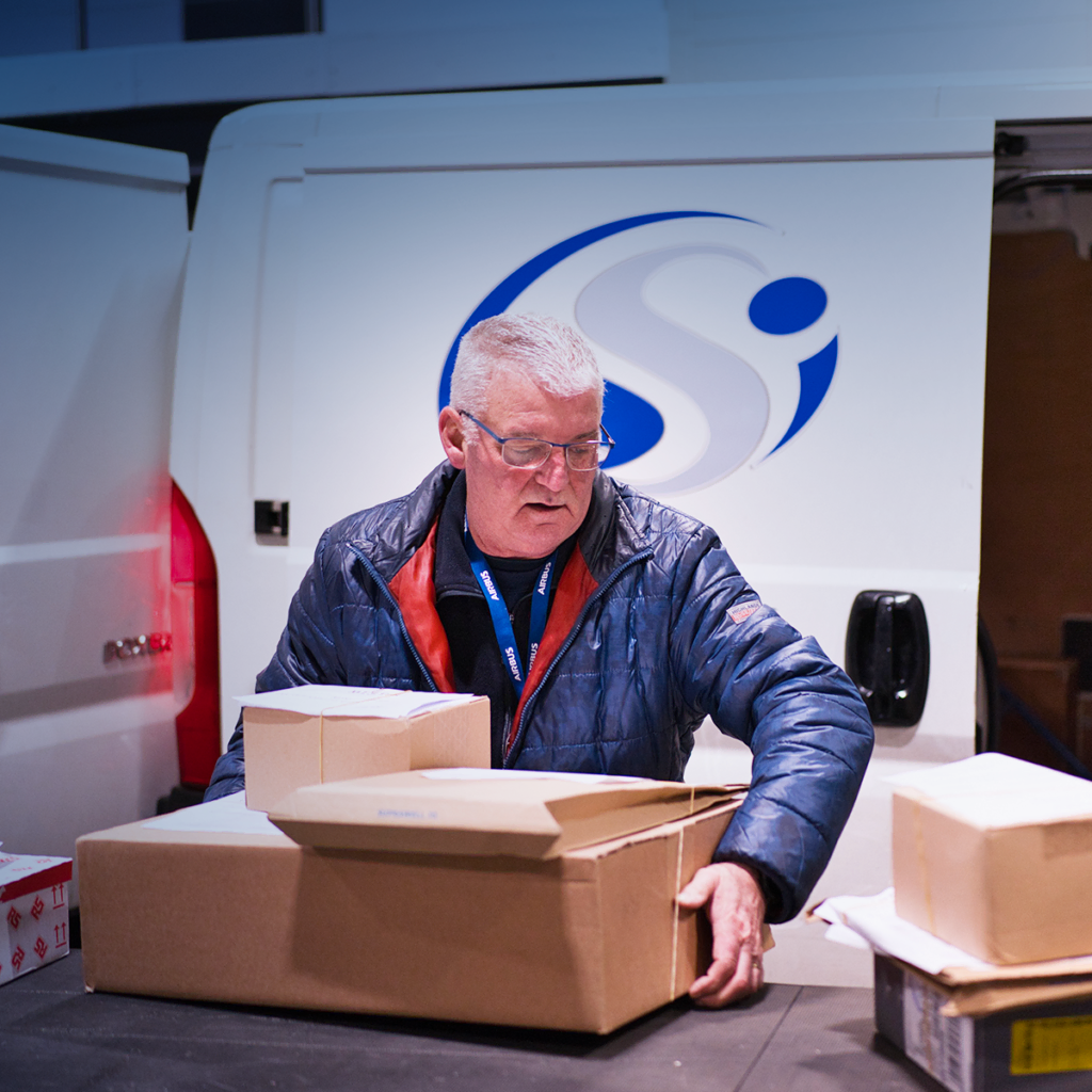 Un homme âgé portant des lunettes et une veste bleue trie des cartons à côté d'une camionnette blanche au logo bleu. La scène semble se dérouler dans un entrepôt ou une zone de chargement.