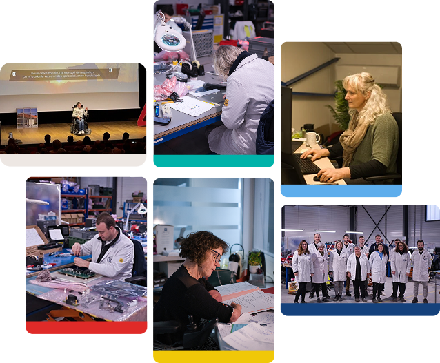 Un collage de six images montrant des personnes handicapées travaillant dans divers contextes professionnels, notamment des laboratoires, des bureaux et des activités de groupe, illustrant l'inclusion et la diversité des environnements de travail.