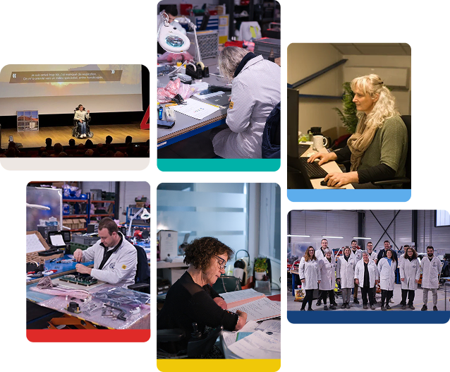 Un collage de six images montrant des personnes handicapées travaillant dans divers contextes professionnels, notamment des laboratoires, des bureaux et des activités de groupe, illustrant l'inclusion et la diversité des environnements de travail.