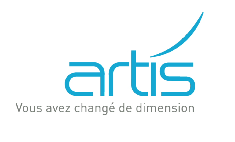 L'image montre le logo artis bleu avec une ligne courbe au-dessus du i, et en dessous, le texte français Vous avez changé de dimension en gris.