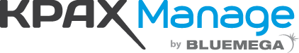 Logo KPAX Manage by Bluemega, avec KPAX en noir, Manage en bleu et par BLUEMEGA en gris avec un petit design abstrait à droite.
