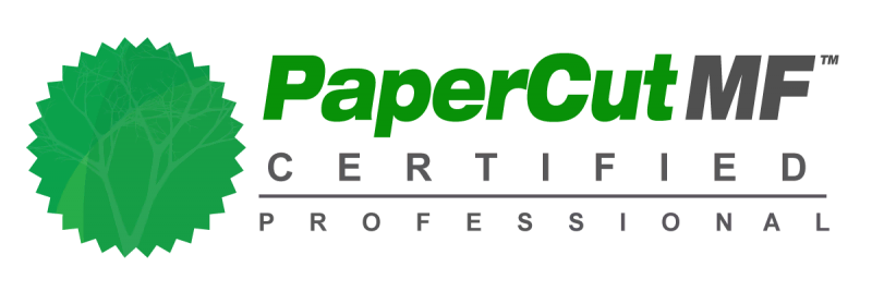 Logo pour PaperCut MF Certified Professional comportant un graphique d'arbre vert à gauche et un texte en gras en vert et noir à droite.