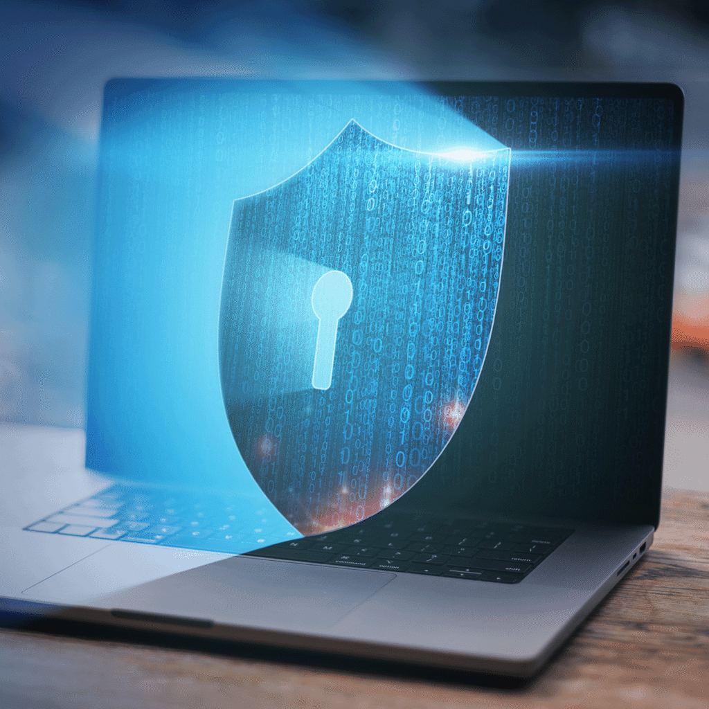 Un bouclier translucide avec un symbole de trou de serrure et une superposition de code binaire apparaît au-dessus d'un ordinateur portable ouvert, représentant la cybersécurité et la protection des données.