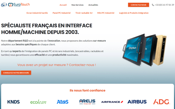 Capture d'écran du site Web EuroTouch, présentant du texte français sur les solutions d'interface homme-machine personnalisées depuis 2003, des images d'écrans tactiles et des logos d'entreprises clientes comme Atos, Airbus et ADG.