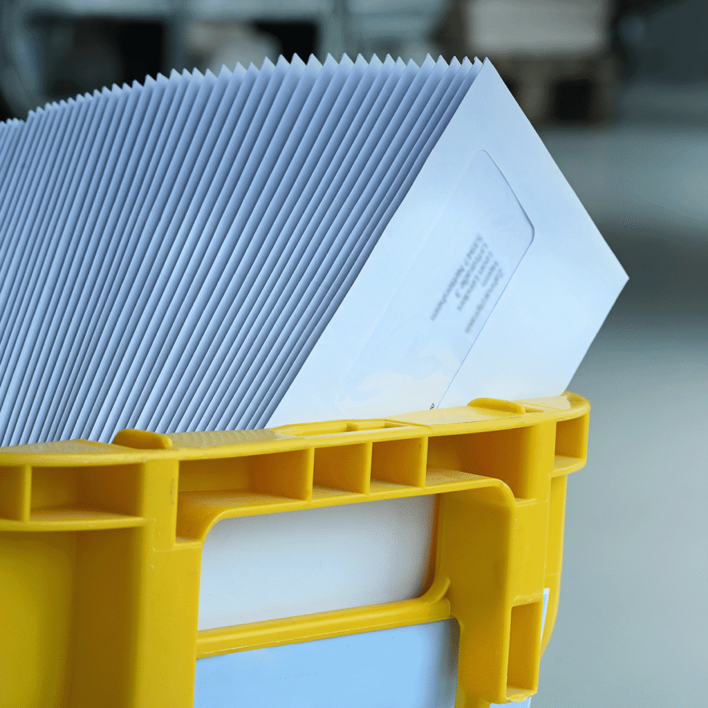 Une poubelle en plastique jaune est remplie d'une pile d'enveloppes blanches, toutes soigneusement rangées et debout, prêtes à être envoyées ou distribuées.