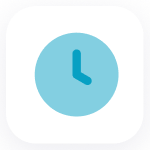 Une icône d'horloge bleu clair avec des aiguilles simples pour les heures et les minutes, affichée sur un fond carré arrondi blanc.