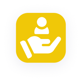 Une icône carrée arrondie jaune avec une main blanche tenant une petite figure de personne au-dessus de la paume, symbolisant les soins, le soutien ou l'assistance.