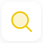 Une icône de loupe jaune centrée sur un carré blanc arrondi avec une bordure sombre.