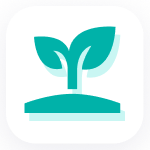 Une icône bleu sarcelle d'une jeune plante avec deux feuilles poussant du sol, centrée sur un fond carré arrondi blanc.