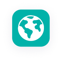 Une icône de globe blanc avec des continents simplifiés est centrée sur un fond carré turquoise arrondi.