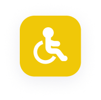 Un symbole d'accessibilité en fauteuil roulant blanc sur un fond carré arrondi jaune.