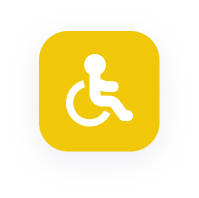 Un symbole d'accessibilité en fauteuil roulant blanc sur un fond carré arrondi jaune.