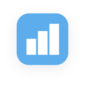 Une icône carrée arrondie bleue avec trois barres verticales blanches de hauteur croissante de gauche à droite, ressemblant à un graphique à barres ou à un graphique de croissance.