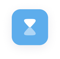 Une icône carrée bleue aux coins arrondis présente un symbole de sablier blanc au centre, indiquant le concept de temps ou d'attente.