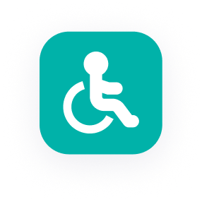 Symbole de fauteuil roulant d'accessibilité blanc sur un fond carré arrondi bleu sarcelle, indiquant les installations ou l'accès pour les personnes handicapées.
