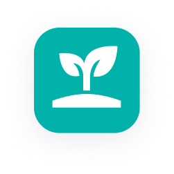 Une icône carrée arrondie verte avec une pousse de plante blanche comportant deux feuilles poussant du sol, symbolisant la croissance ou la durabilité.