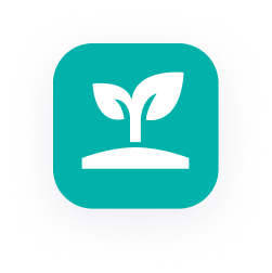 Une icône carrée arrondie verte avec une pousse de plante blanche comportant deux feuilles poussant du sol, symbolisant la croissance ou la durabilité.