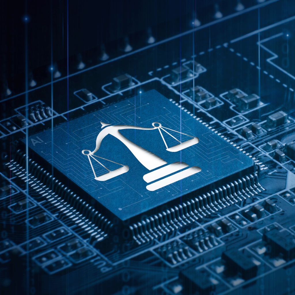 Une puce informatique avec une illustration de balances équilibrées, symbolisant la justice, est intégrée dans un circuit imprimé aux tons bleus, représentant l'intersection de la technologie et du droit.