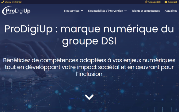 Capture d'écran de la page d'accueil du site ProDigiUp montrant son logo, ses options de menu et le titre : ProDigiUp : marque numérique du groupe DSI avec un texte sur les compétences numériques et l'impact sociétal.