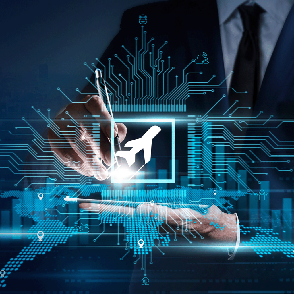 Un homme d'affaires en costume utilise un stylo numérique sur une tablette avec une icône d'avion lumineuse, des lignes de circuit et une superposition de graphiques de données, symbolisant la technologie dans l'industrie aéronautique.