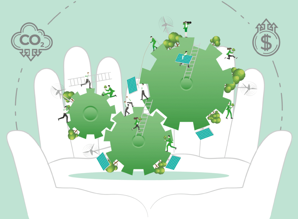 Illustration de mains tenant des engrenages verts avec de petites personnes installant des panneaux solaires, plantant des arbres et travaillant sur des projets écologiques, symbolisant la durabilité, la réduction du CO2 et les économies financières.
