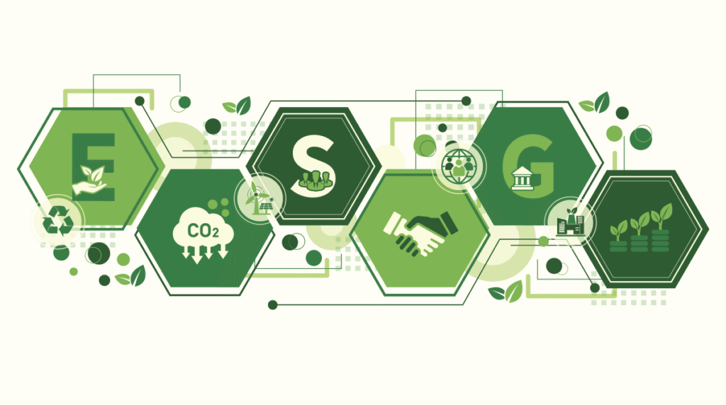 Une illustration sur le thème vert avec des hexagones étiquetés E, S et G, comportant des icônes de feuilles, de nuage de CO2, de poignée de main, de bâtiments et de plantes, représentant des concepts environnementaux, sociaux et de gouvernance.
