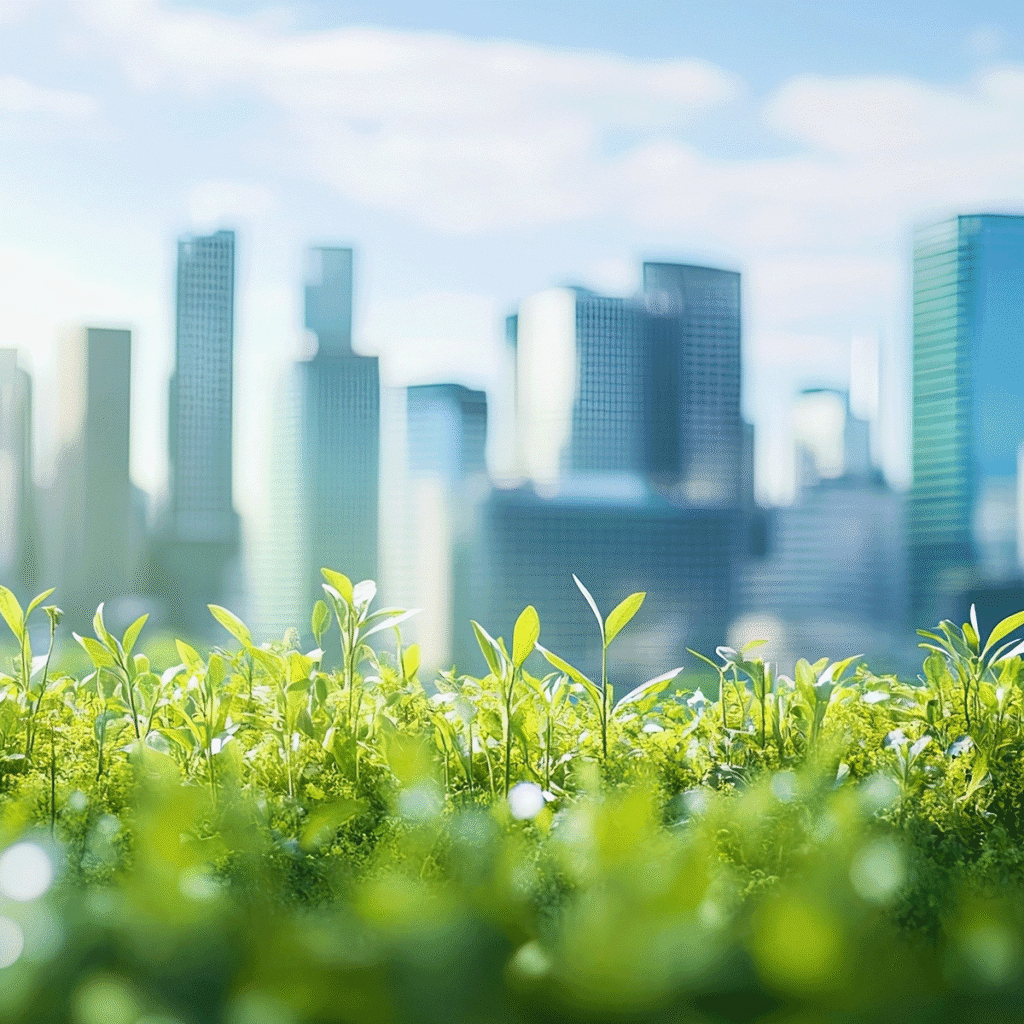De jeunes plantes vertes poussent sur un toit-terrasse avec, en arrière-plan, un panorama urbain moderne sous un ciel clair et lumineux. La scène met en valeur la verdure urbaine et le développement durable.