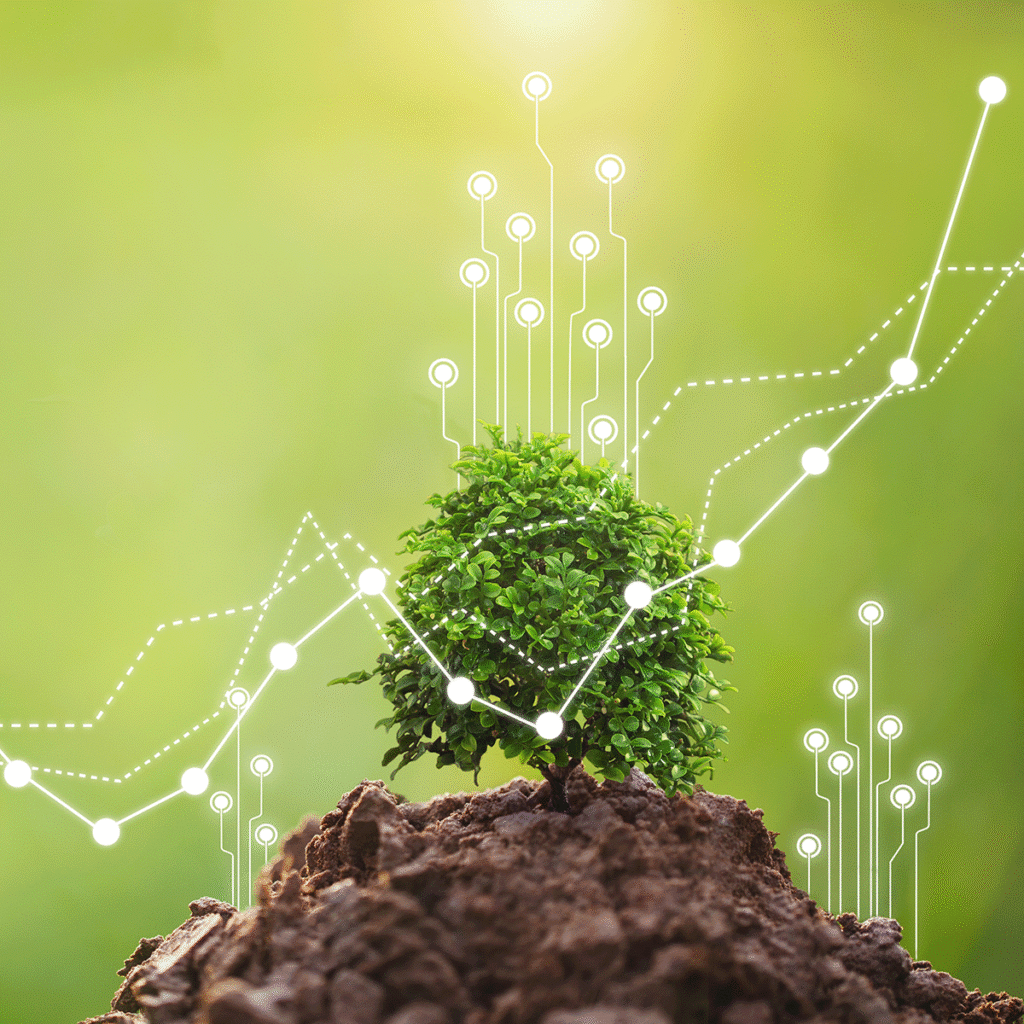 Un petit arbre vert poussant dans le sol avec des lignes numériques et des points de données superposés, symbolisant l'intersection de la technologie, de la croissance et de la durabilité sur un fond vert flou.