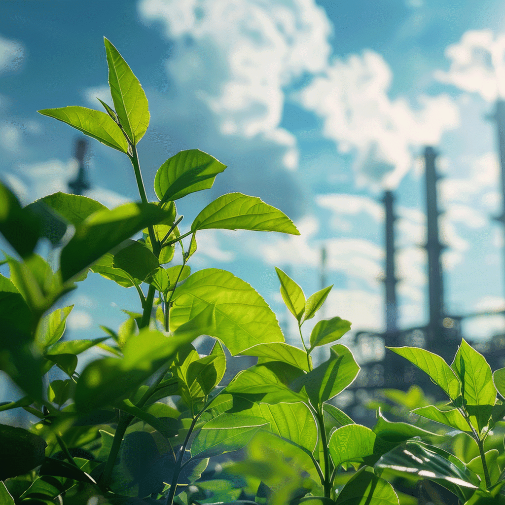 Des feuilles vertes brillantes bien nettes avec une usine industrielle et des cheminées floues en arrière-plan sous un ciel bleu avec des nuages, soulignant un contraste entre la nature et l'industrie.