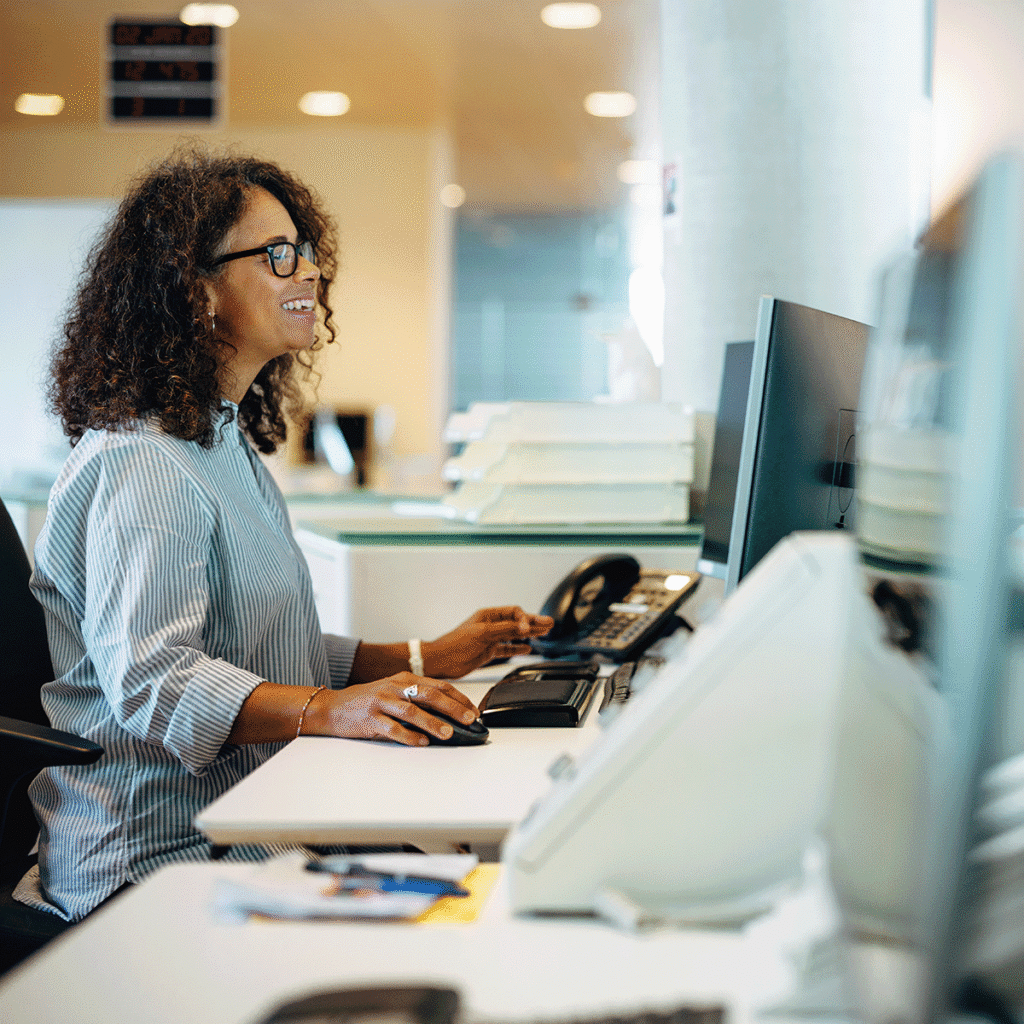 Une femme aux cheveux bouclés et portant des lunettes sourit en travaillant à son bureau, devant un ordinateur et un téléphone fixe. Plusieurs piles de papiers et de matériel de bureau sont visibles sur son bureau.