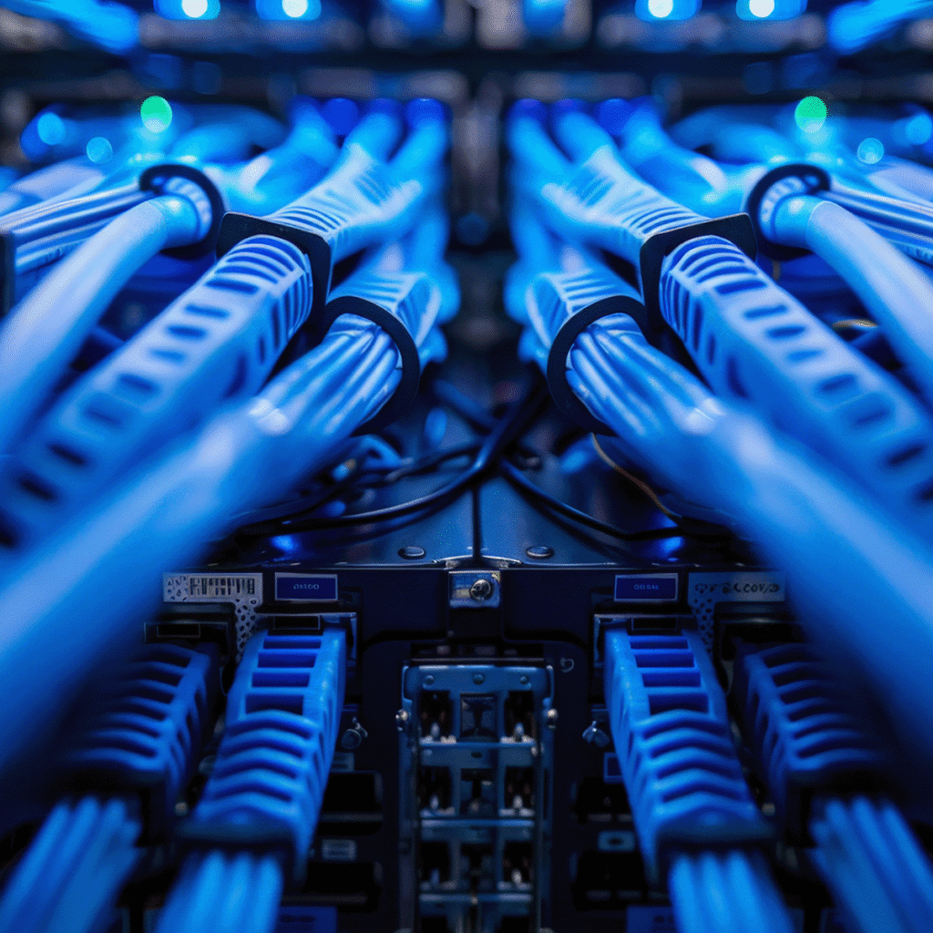 Vue rapprochée de câbles réseau bleus branchés sur un rack de serveur, avec des LED allumées en arrière-plan, suggérant un environnement de centre de données high-tech et actif.