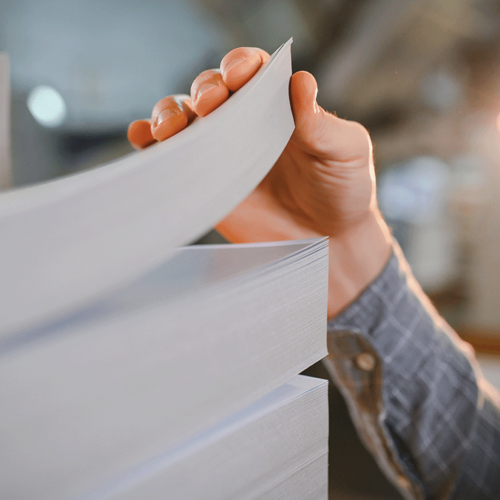 Gros plan sur la main d'une personne feuilletant une grande pile de feuilles blanches. La personne porte une chemise à carreaux à manches longues. L'arrière-plan est flou, mettant en valeur la main et le papier.
