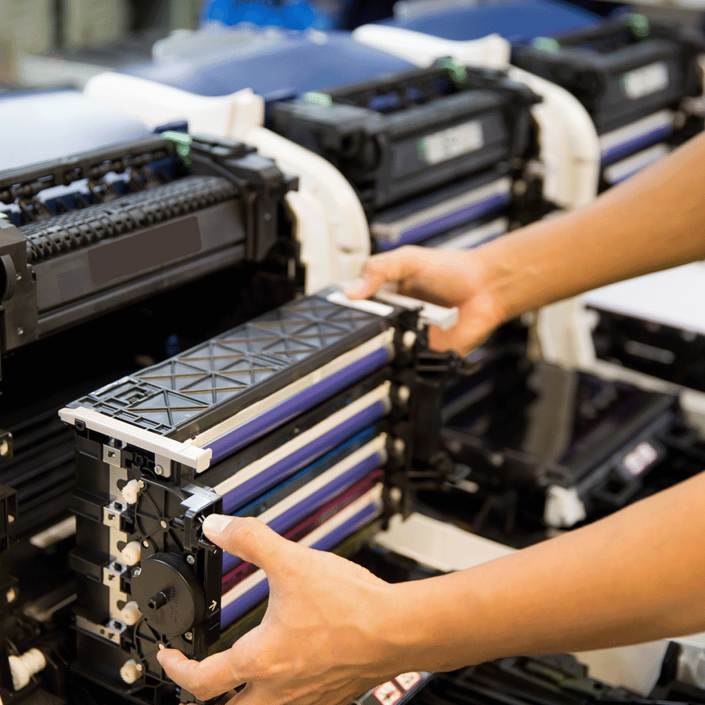 Des mains installent ou retirent une cartouche de toner d'une grande imprimante laser ou d'un copieur ouvert avec des composants internes visibles.