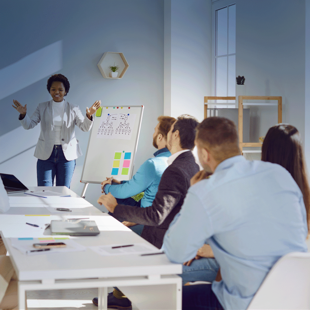 Une femme se tient debout devant un tableau de conférence et fait une présentation à un groupe de personnes assises dans un bureau lumineux. Le tableau est orné de diagrammes et de post-its colorés. La lumière du soleil filtre à travers de grandes fenêtres.