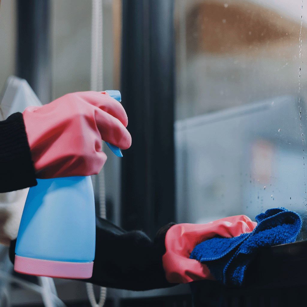 Une personne portant des gants en caoutchouc roses nettoie une fenêtre avec un vaporisateur bleu et un chiffon bleu, essuyant les traces sur le verre.