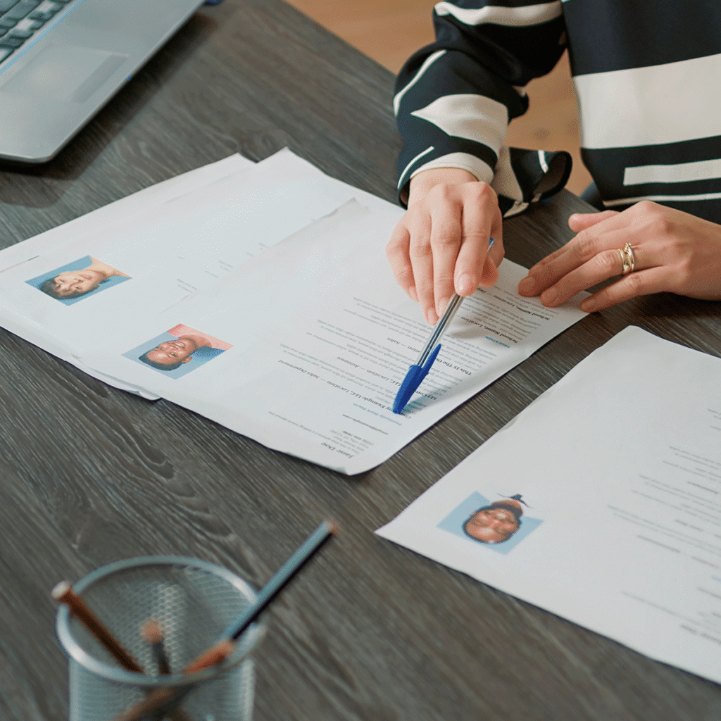 Une personne consulte des CV avec photos de profil, assise à un bureau, un stylo bleu à la main. Un ordinateur portable et une tasse remplie de crayons sont également visibles sur la surface en bois.