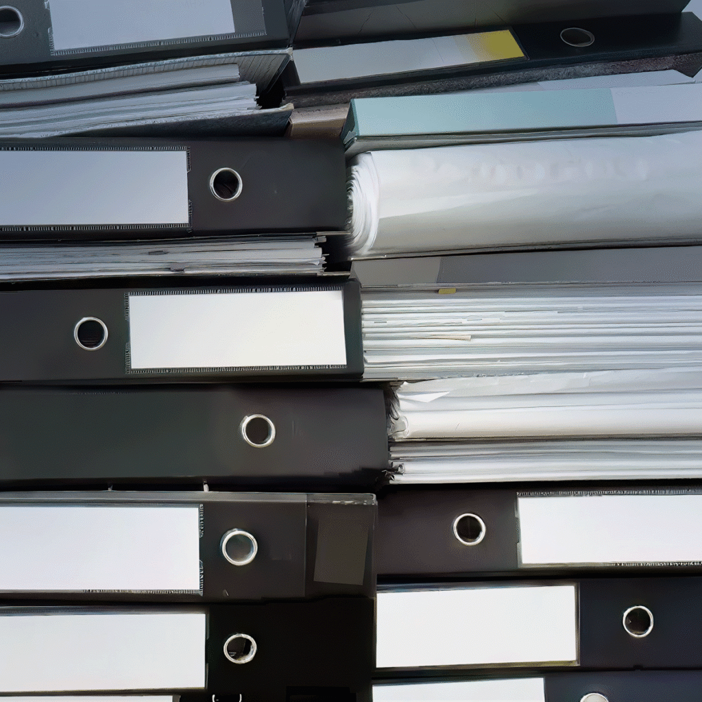 Vue rapprochée de plusieurs piles de classeurs à anneaux et de dossiers, remplis de documents et de papiers, disposés horizontalement et verticalement, créant un motif dense et organisé.