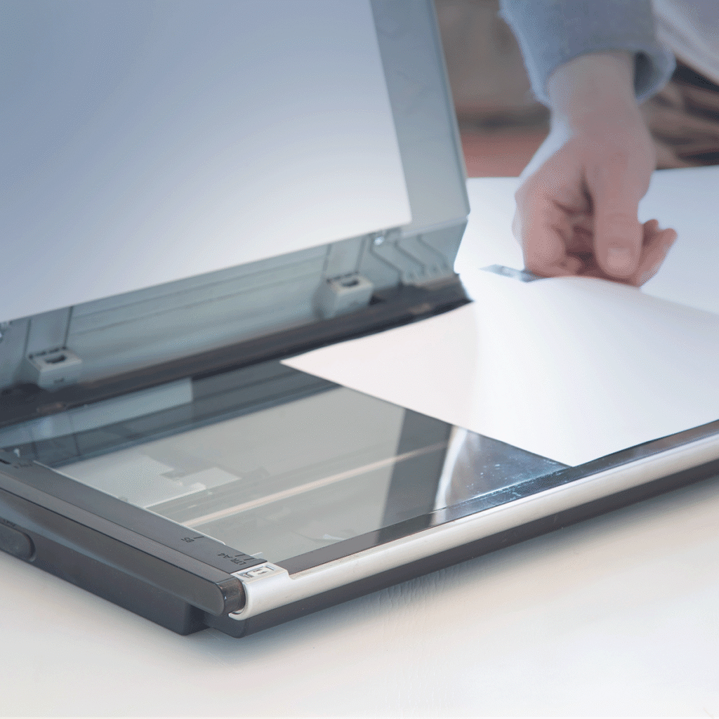 Une personne place une feuille de papier sur la vitre d'un scanner à plat, prête à numériser le document. Le couvercle du scanner est ouvert et la main de la personne tenant le papier est visible.
